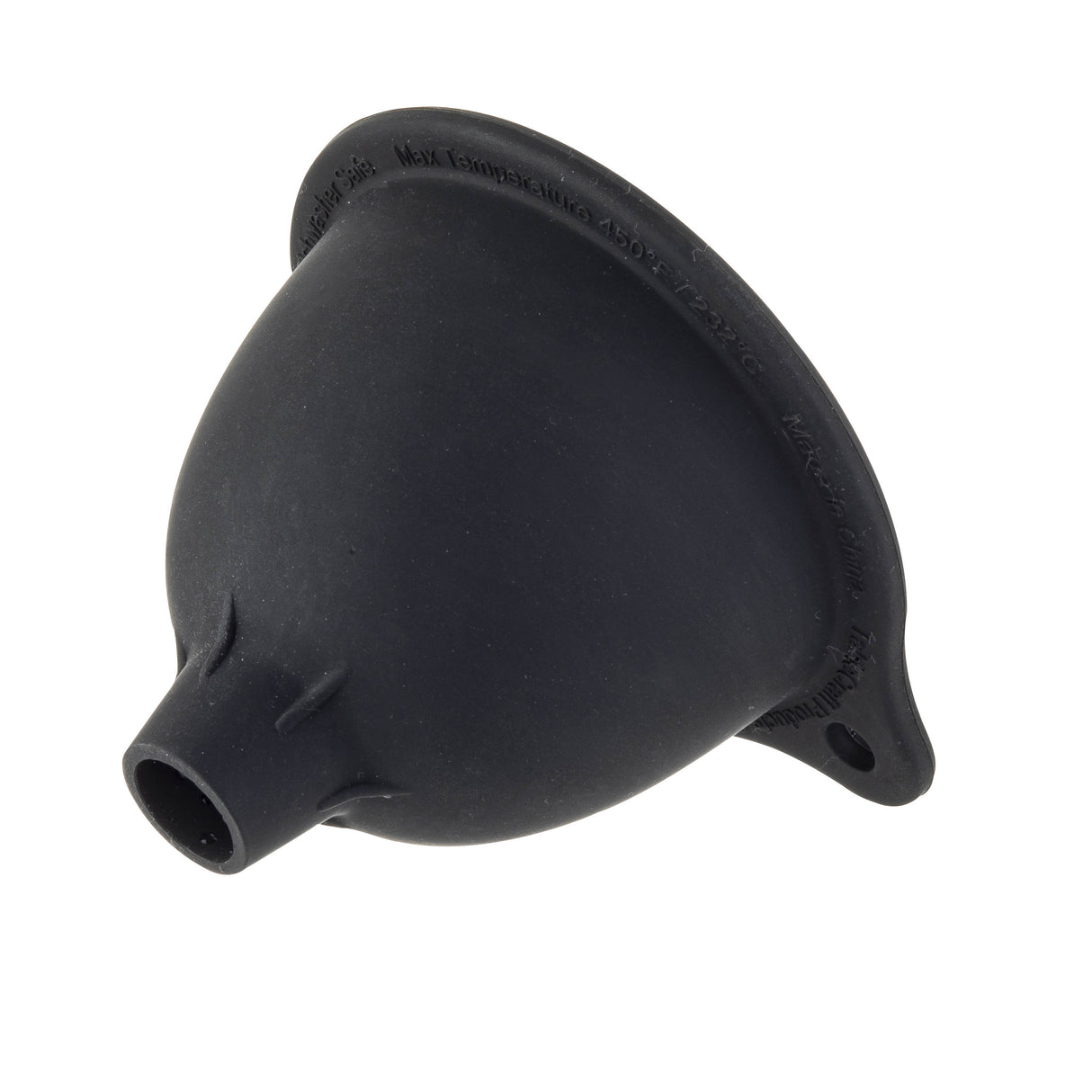 A black silicone funnel with a wide circular opening tapers to a narrow spout, making it easy to pour liquids into squeeze bottles. It features a flared rim and a small tab with a hole for convenient hanging or storage when not in use.