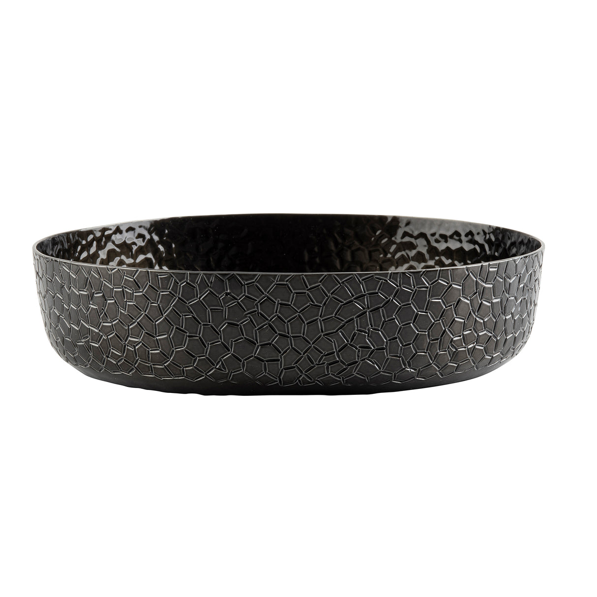 A round, shallow, black powder coated aluminum bowl with a textured, cracked pattern covering the exterior. The glossy finish and smooth, slightly flared rim highlight its mosaic-like tile design. The background is plain white.