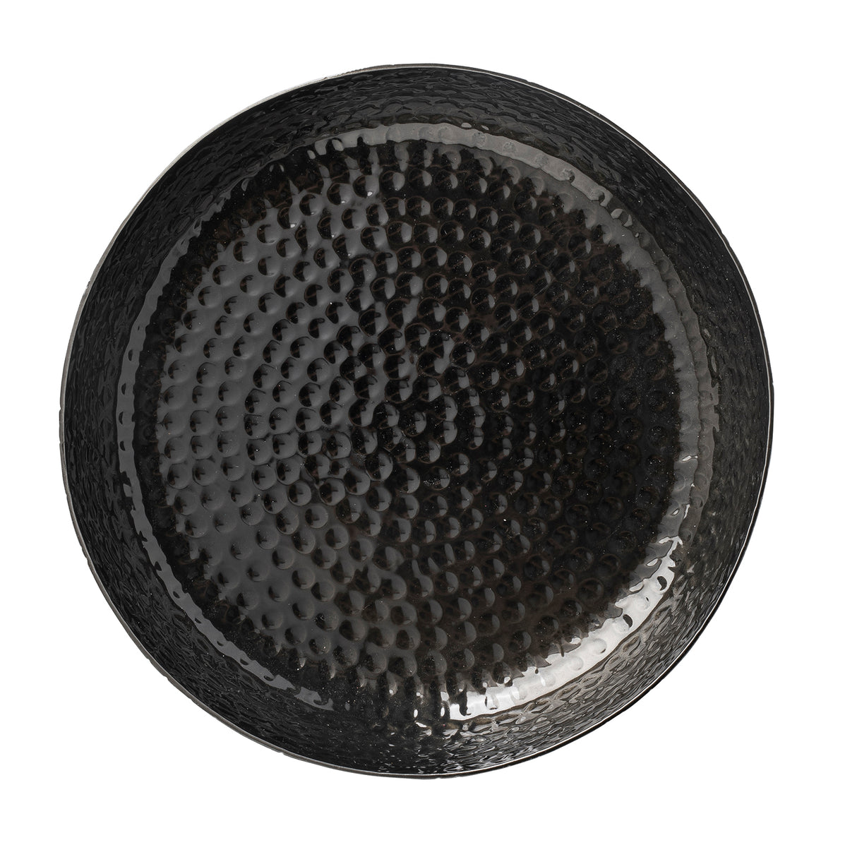 A round, glossy black aluminum platter with a textured, hammered surface. Its black powder coated finish reflects light, highlighting dimples and an uneven texture for a contemporary, stylish look against a plain white background.