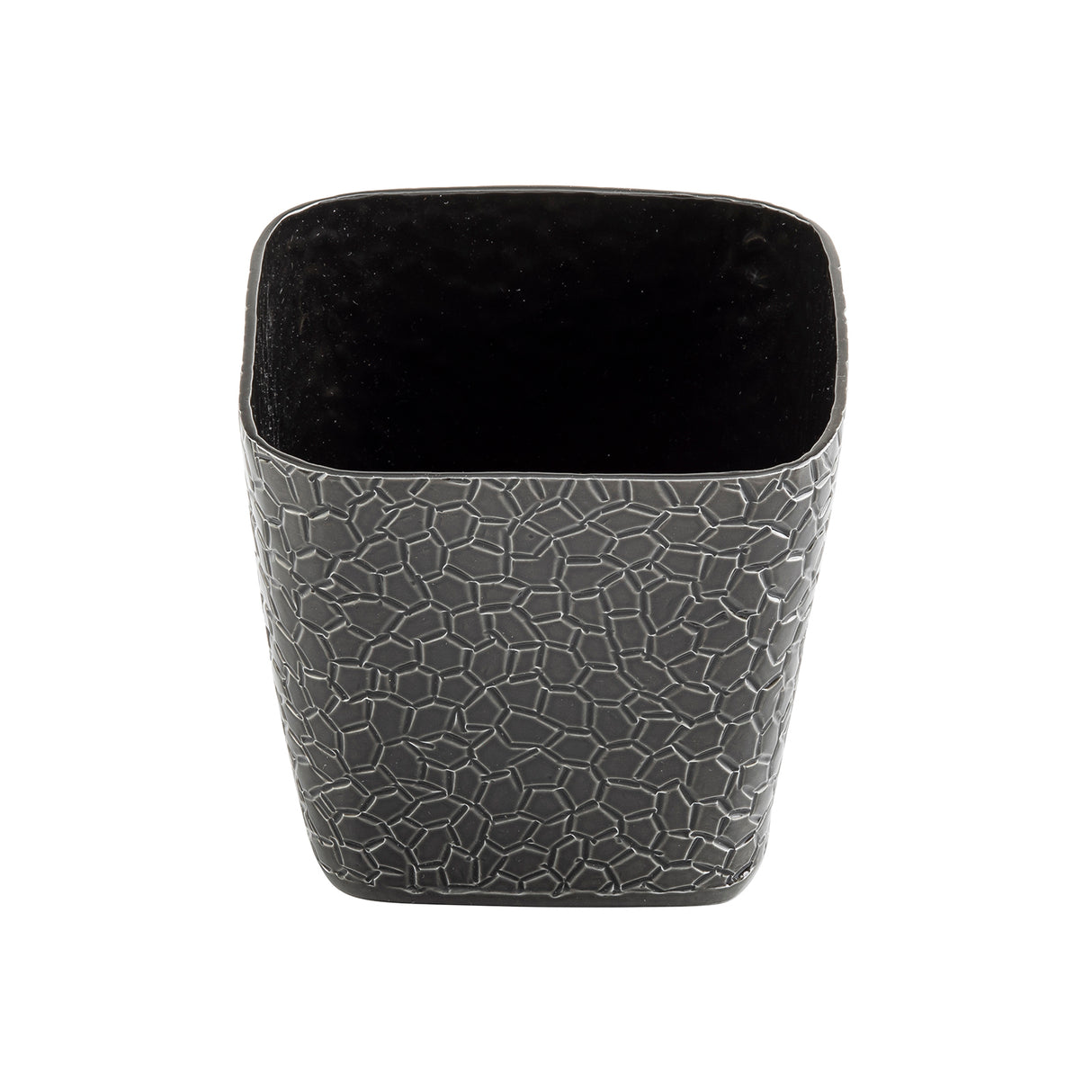 A square, aluminum Snack Basket with a black powder coated finish, featuring a wide opening and an interlocking, irregular polygon pattern. The smooth, dark interior contrasts with the textured geometric exterior against a white background.