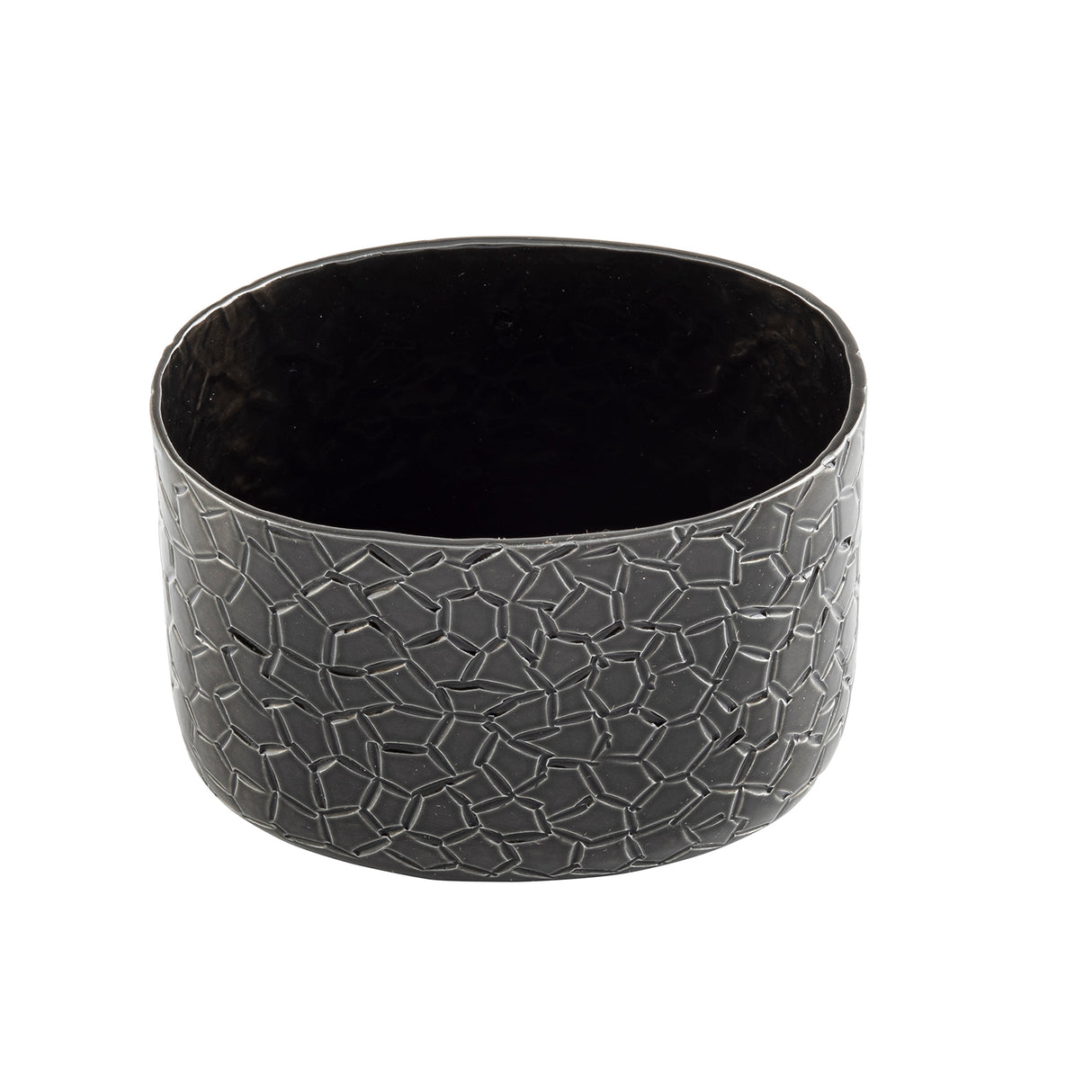 A round, black powder coated aluminum bowl with a glossy interior and a matte exterior featuring an irregular geometric pattern of raised, interlocking lines. Ideal as a modern sugar packet holder with its mosaic-like, textured design.