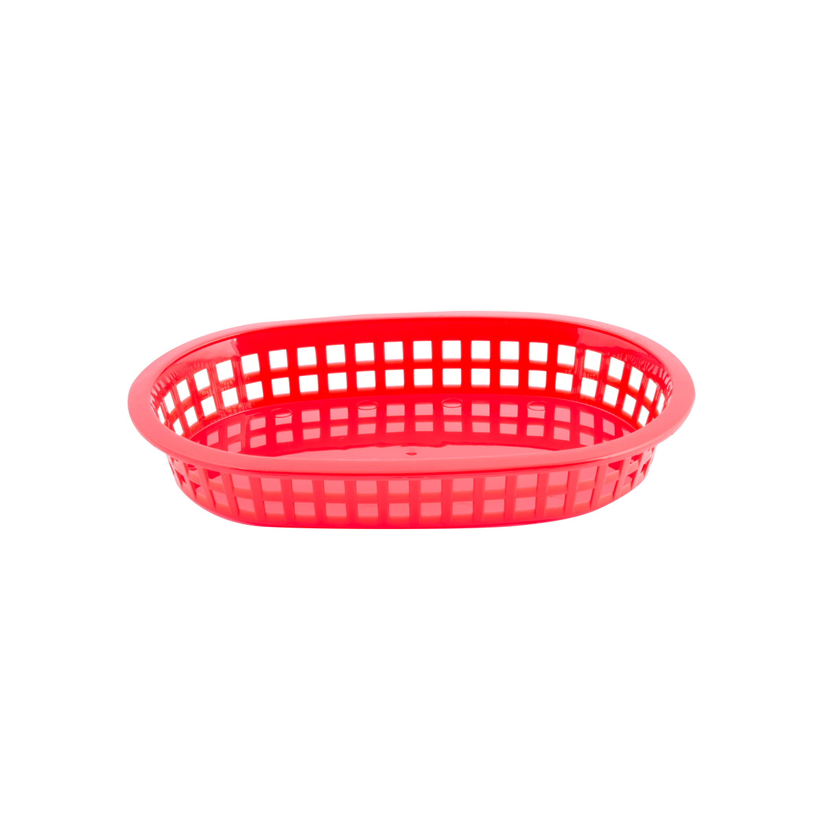 A red, oval-shaped A La Carte Platter Basket with open grid sides and solid base, placed on a white background. This heat resistant platter basket is lightweight and ideal for serving fries or sandwiches in casual dining settings.