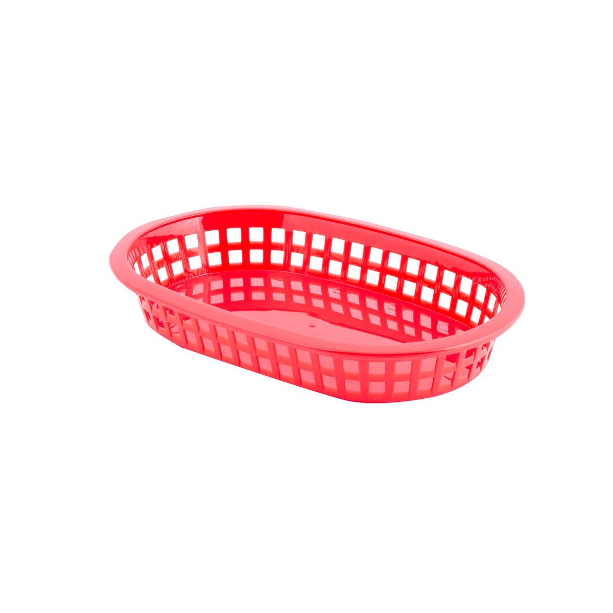 A red, oval-shaped A La Carte Platter Basket with a grid design and open sides, placed on a white background. The heat resistant platter basket is empty and has a glossy finish.
