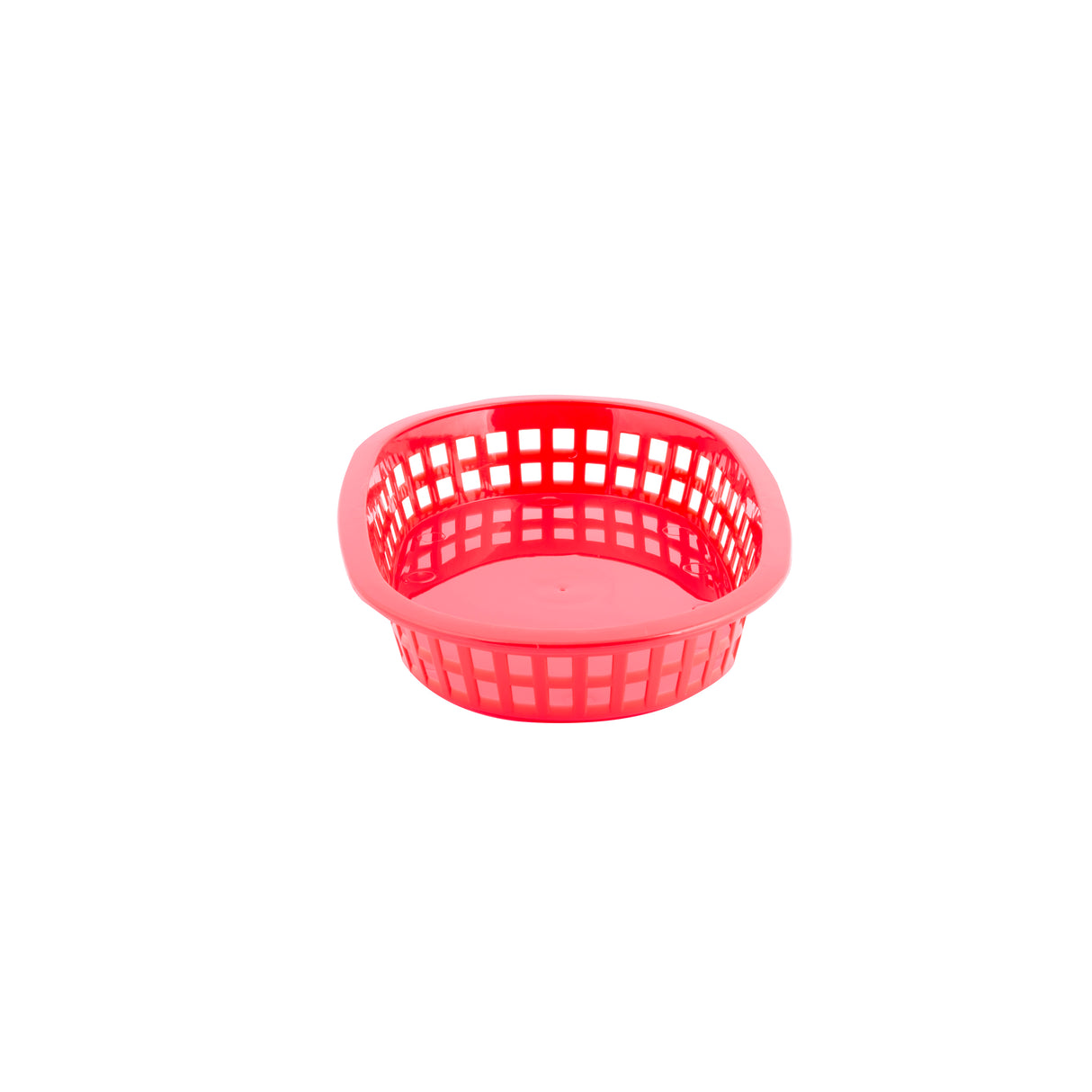 A round, red A La Carte Platter Basket with open square grid sides and two built-in handles sits on a white background. Made in USA, this heat resistant platter basket is perfect for carrying or holding lightweight items.