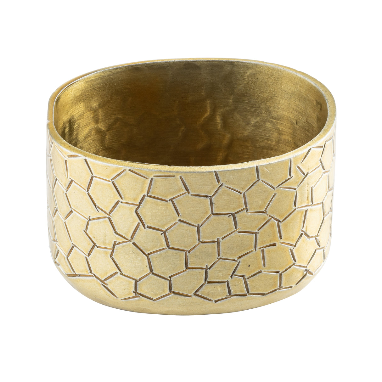 A wide, gold powder coated aluminum cuff bracelet with a matte finish and a geometric, honeycomb pattern etched onto its surface. The inside is smooth, while the exterior showcases a striking repeating polygonal design.