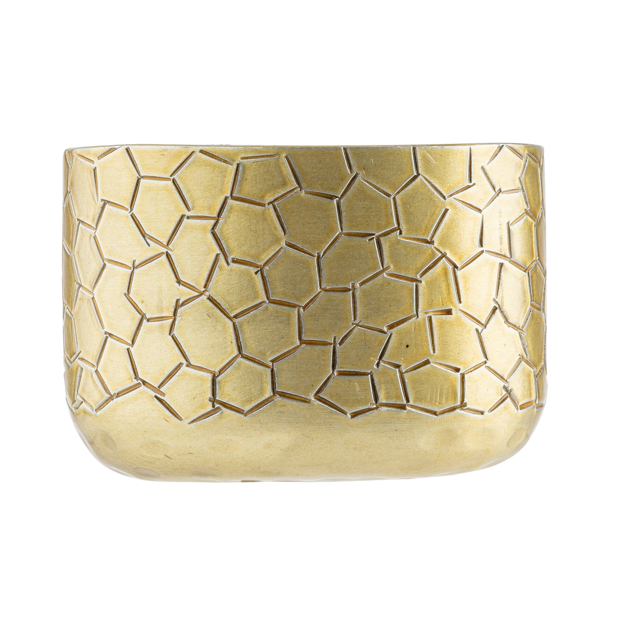 A gold, rounded aluminum container with a shiny, powder coated finish, featuring an embossed geometric pattern of irregular pentagons and hexagons. With smooth edges and no visible handles or lid, it can double as a chic sugar packet holder.