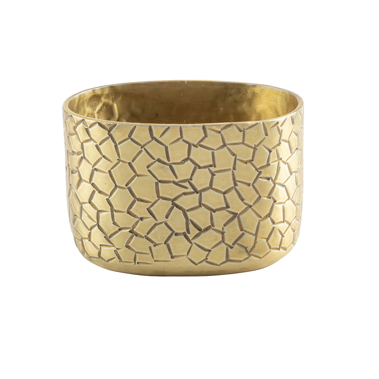 A shiny, gold powder coated aluminum bowl with slightly rounded sides. The exterior features an engraved, irregular geometric pattern resembling interconnected polygons. Perfect as a unique sugar packet holder, its interior is smooth and brightly metallic.
