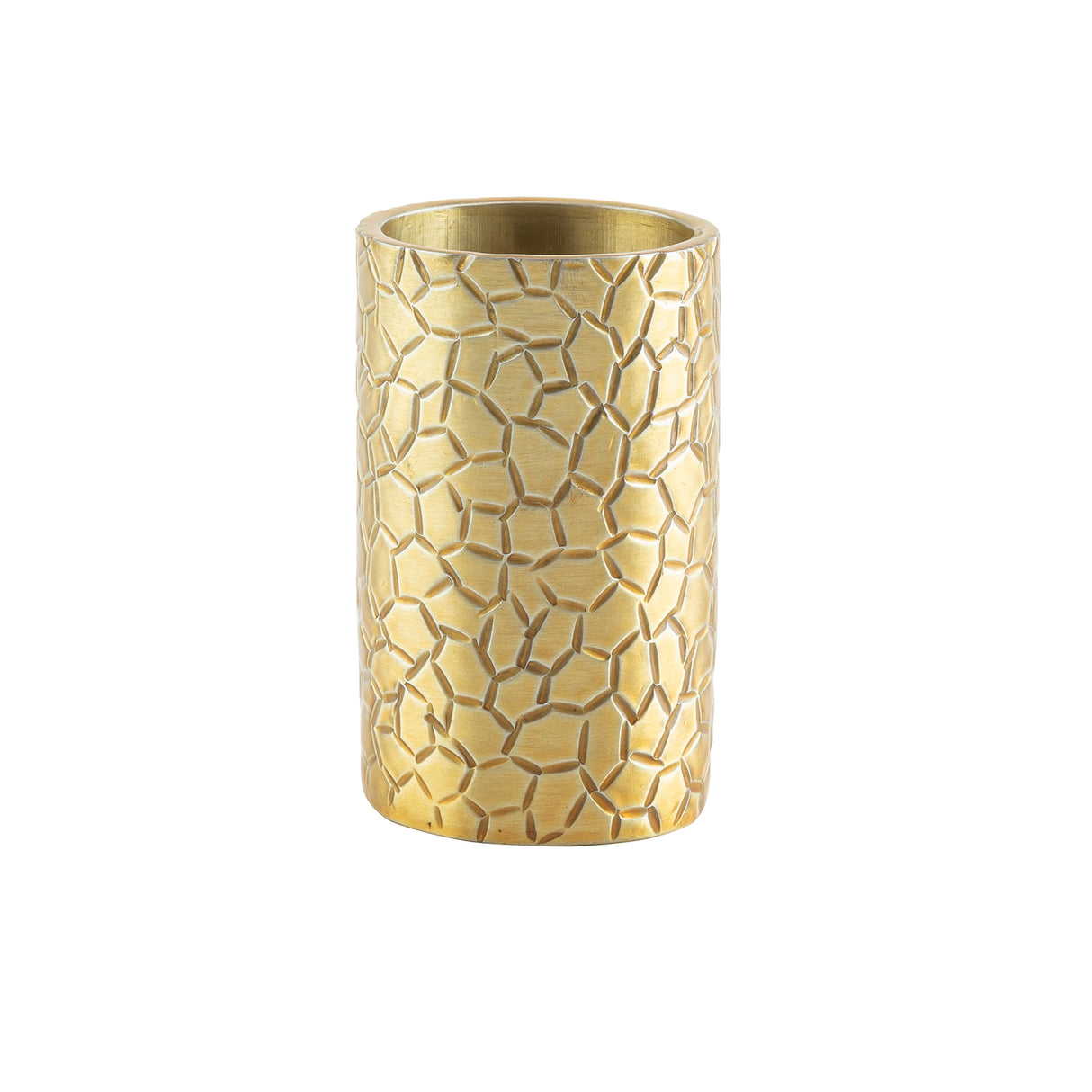 A cylindrical, gold powder coated aluminum vase with a geometric, honeycomb-like textured pattern covering its surface. The smooth, reflective finish and large open top make it perfect as a stylish Sugar Tube Holder. The background is plain white.