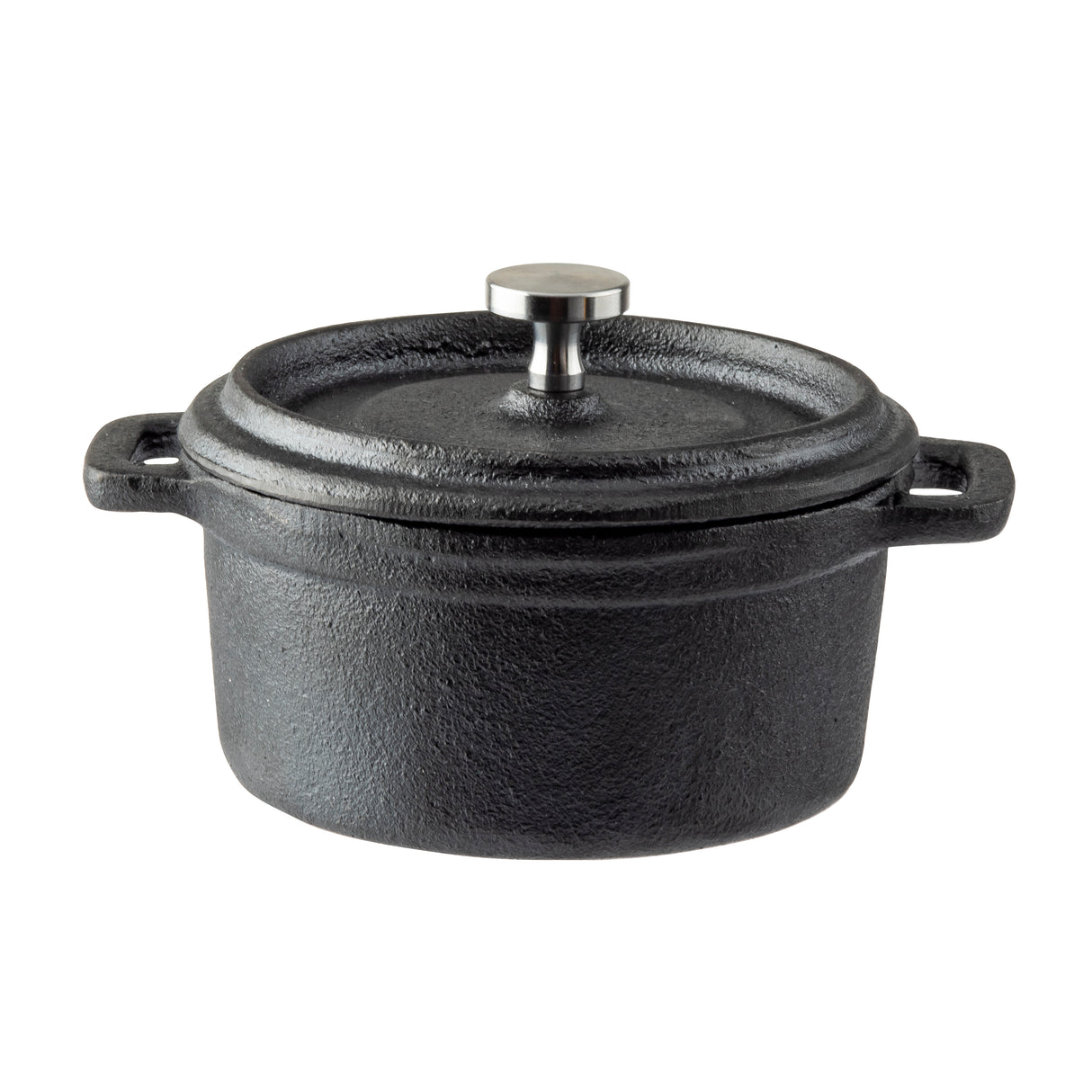 A black cast iron cocotte with a textured surface, two small side handles, and a matching lid featuring a round metallic knob on top. The sturdy TableCraft pot is ideal for slow-cooking or baking.