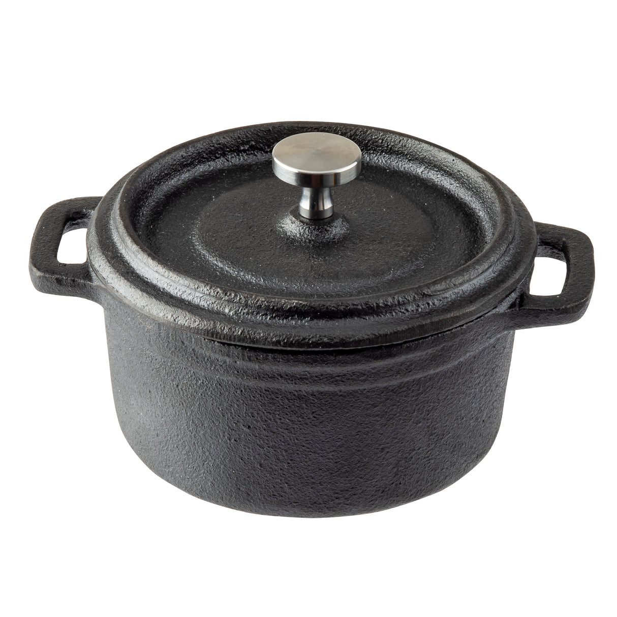A round black cast iron Dutch oven cocotte with a lid and two side handles. The lid features a central silver metal knob. Its textured, matte surface looks sturdy, making it ideal for slow cooking or baking.