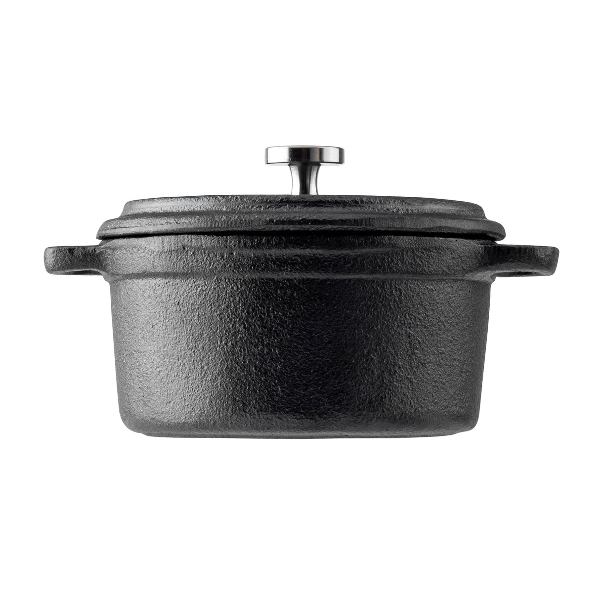 A black cast iron Dutch oven cocotte with a textured surface, two side handles, and a matching lid featuring a round metal knob, shown against a white background.