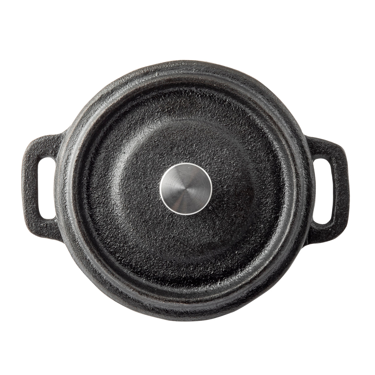 Overhead view of a round, black cast iron cocotte Dutch oven with a textured surface, fitted lid, and stainless steel knob; two loop handles are visible on each side against a white background.