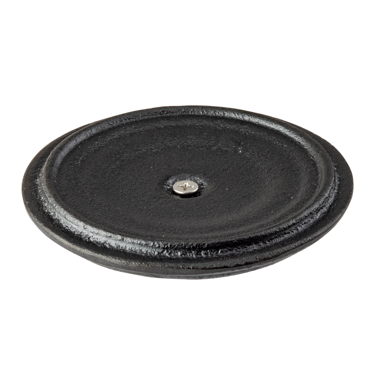 A round, flat black cast iron weight plate with a slightly raised, ridged edge and a central silver metal screw or bolt. The plate has a matte, textured finish and sits on a plain white background.