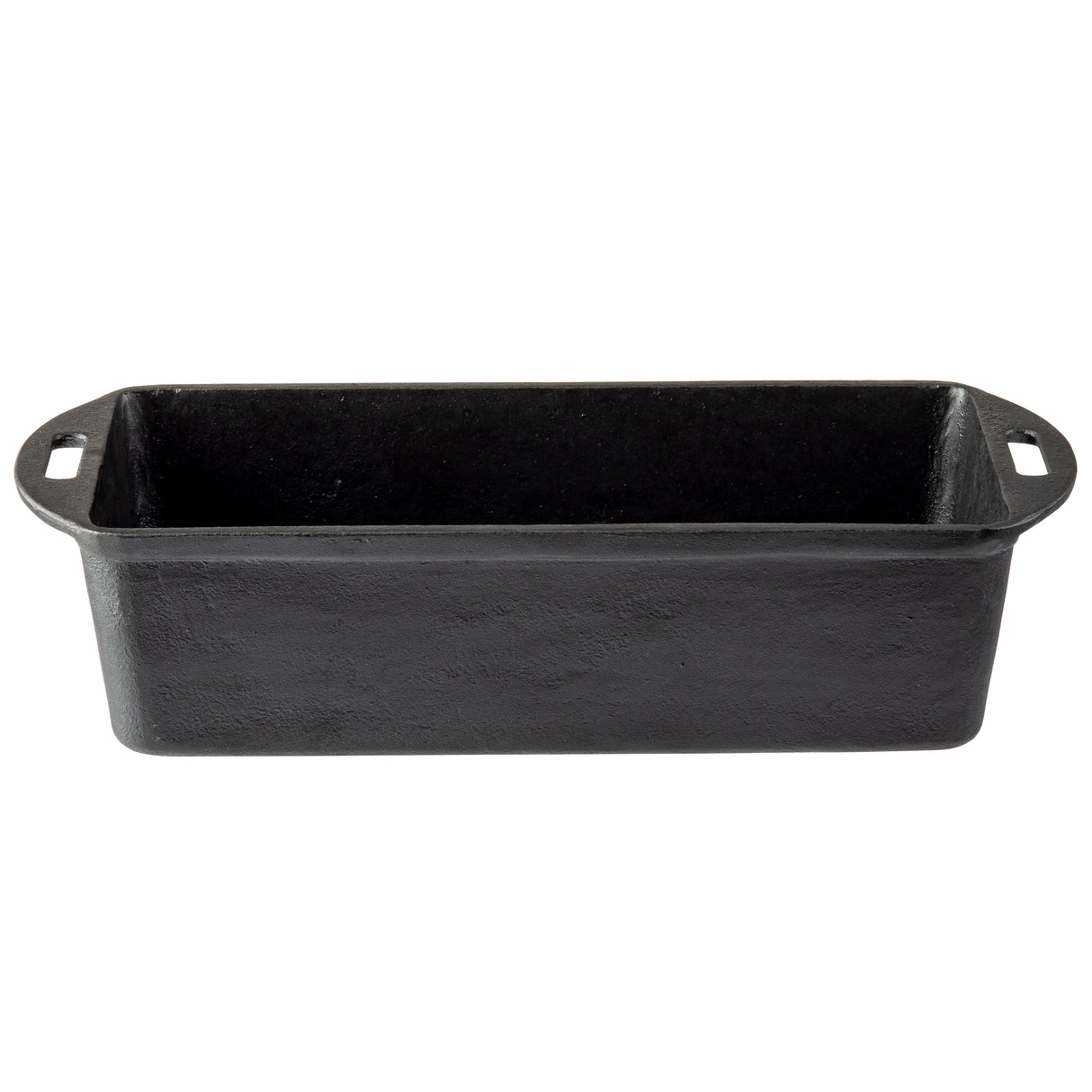 A rectangular loaf pan made of black cast iron with a matte finish features slightly tapered sides and two flat handles, each with a rectangular hole. The empty cast iron loaf pan is displayed against a white background.