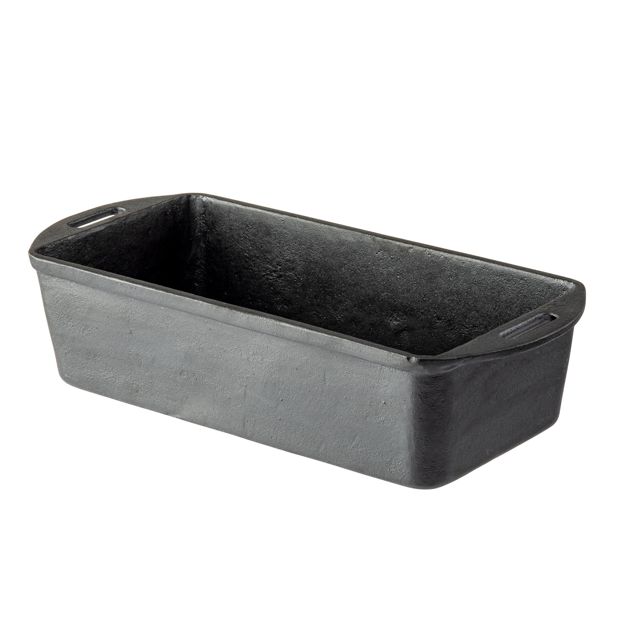 A rectangular cast iron loaf pan with wide, straight sides and two small handles on each end, set against a white background. The matte textured surface and open top make this loaf pan perfect for baking bread or cakes.