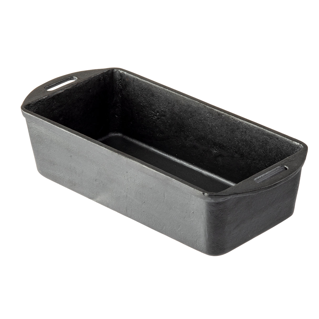 A rectangular cast iron loaf pan with slightly tapered sides and rounded corners. This loaf pan features two handles on each short end, each with an elongated oval cutout for gripping. Both the interior and exterior have a matte textured finish.