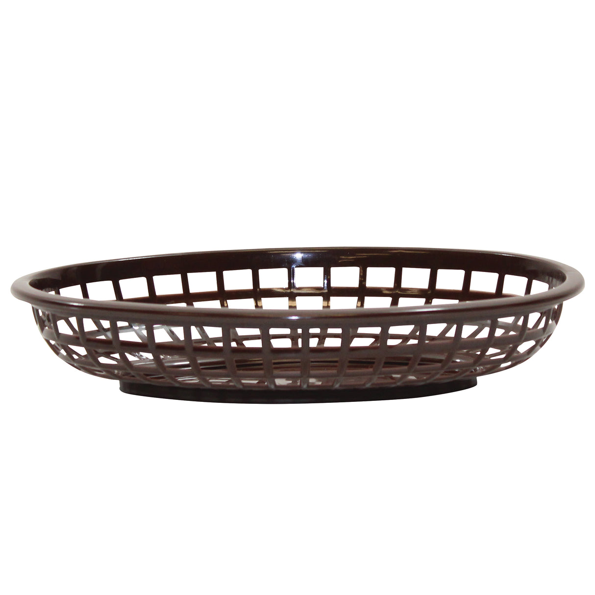 A dark brown, oval-shaped Classic Basket with an open grid design and a solid base, Made in USA. The basket’s sides have evenly spaced vertical and horizontal slats for ventilation, set against a plain white background.