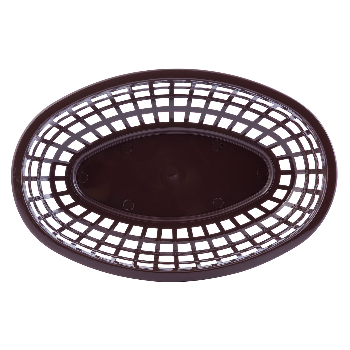 An overhead view of an empty, oval-shaped Classic Basket with a grid-like, open weave design. The heat resistant, dark brown plastic basket rests on a white background. Its solid bottom contrasts with sides featuring evenly spaced rectangular holes.