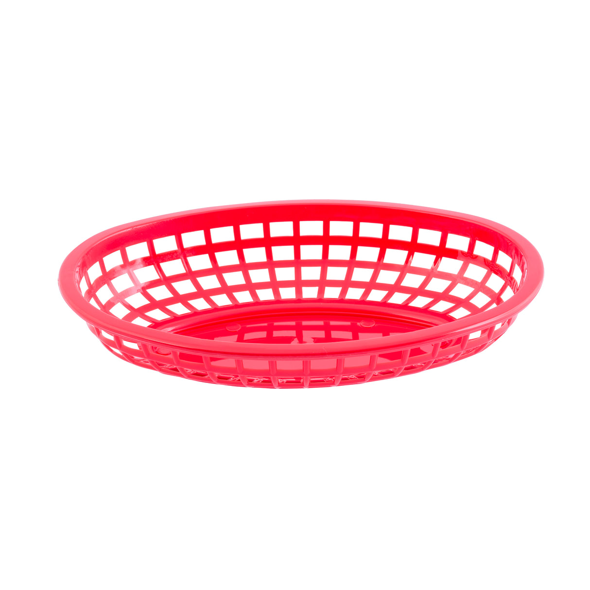 A red, oval-shaped Classic Basket with a lattice design and open grid sides is photographed on a plain white background. Made in USA, the basket’s smooth rim and perforated pattern are clearly visible.