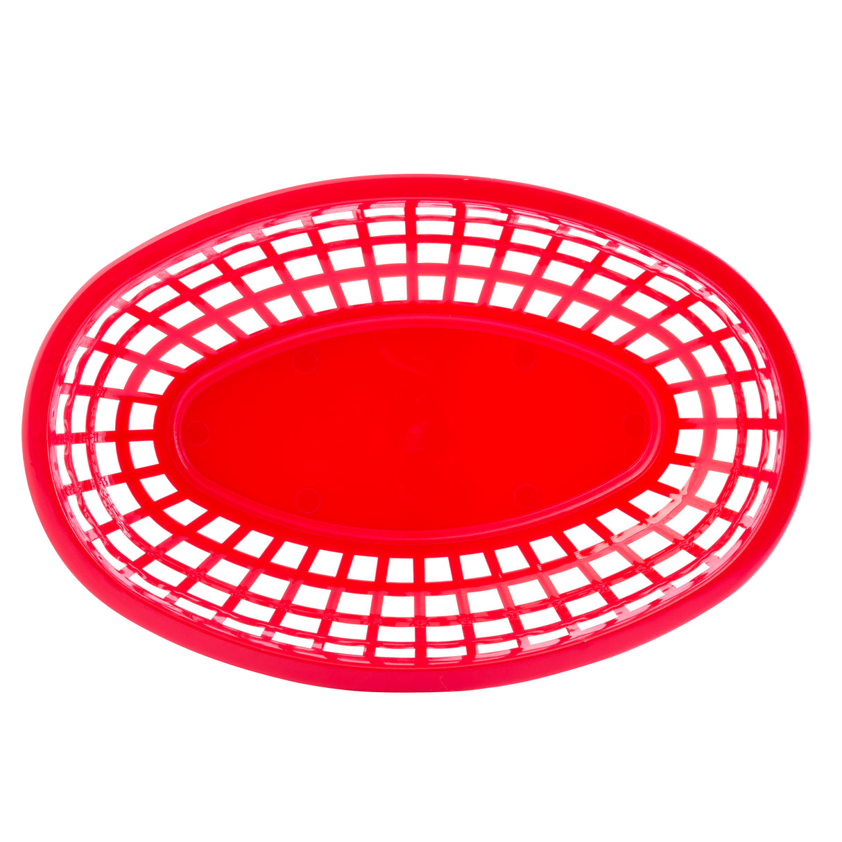 A bright red, oval-shaped Classic Basket with an open lattice design and solid base, viewed from above against a white background. Heat resistant and made in the USA, this plastic basket is empty and has a smooth, glossy finish.