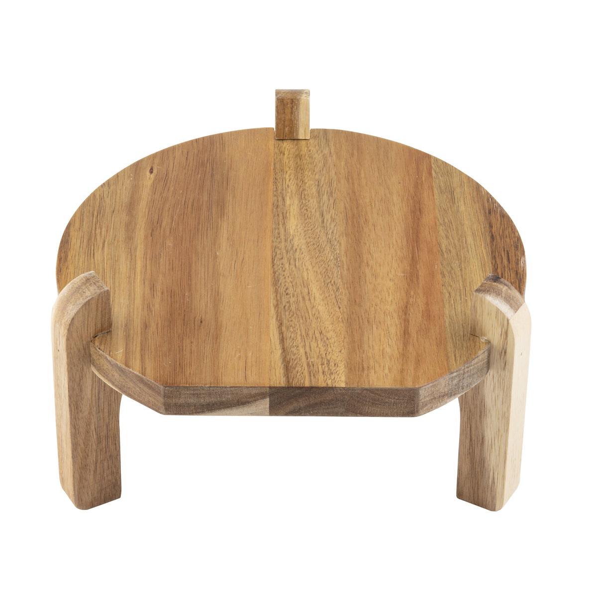 A round wooden platform crafted from light and dark acacia wood with three sturdy legs and a small rectangular handle on top, this TableCraft beverage dispenser stand has a simple, rustic design and is set against a white background.