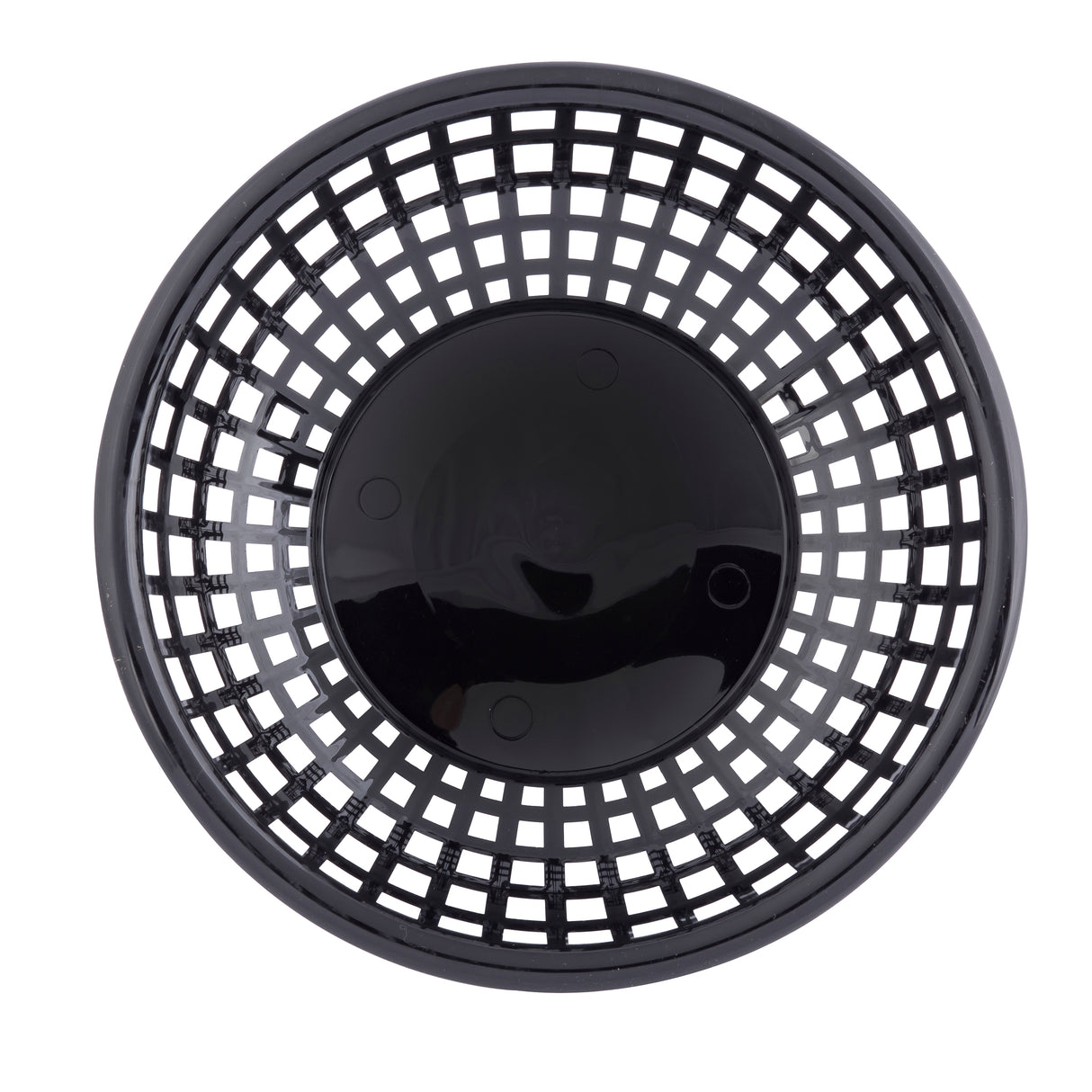 A round, black plastic serving basket is shown from above. With a solid base and grid-like, open-weave sides forming square holes, it features a shiny surface that reflects light. This basket is both heat resistant and dishwasher safe.