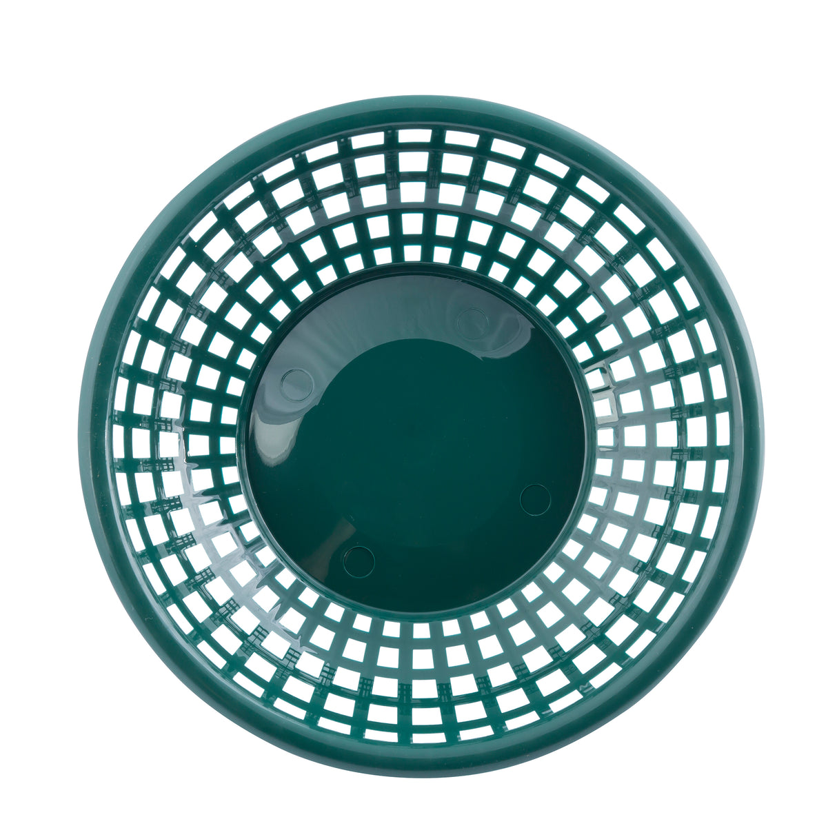 A dark green, round polypropylene serving basket with a grid-like, open-weave pattern viewed from above. The basket has a solid circular base in the center and evenly spaced rectangular holes along the sides. The surface is clean and lighting is bright.