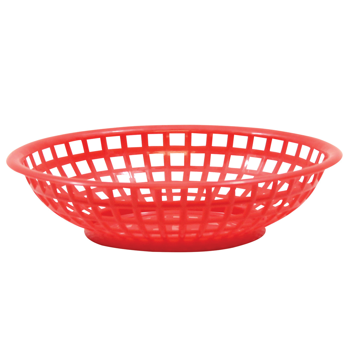 A round, red plastic Serving Basket with an open grid design. The sides gently slope outward from the base, forming a shallow bowl shape. Made in USA, its bright color and structure stand out clearly against the plain white background.