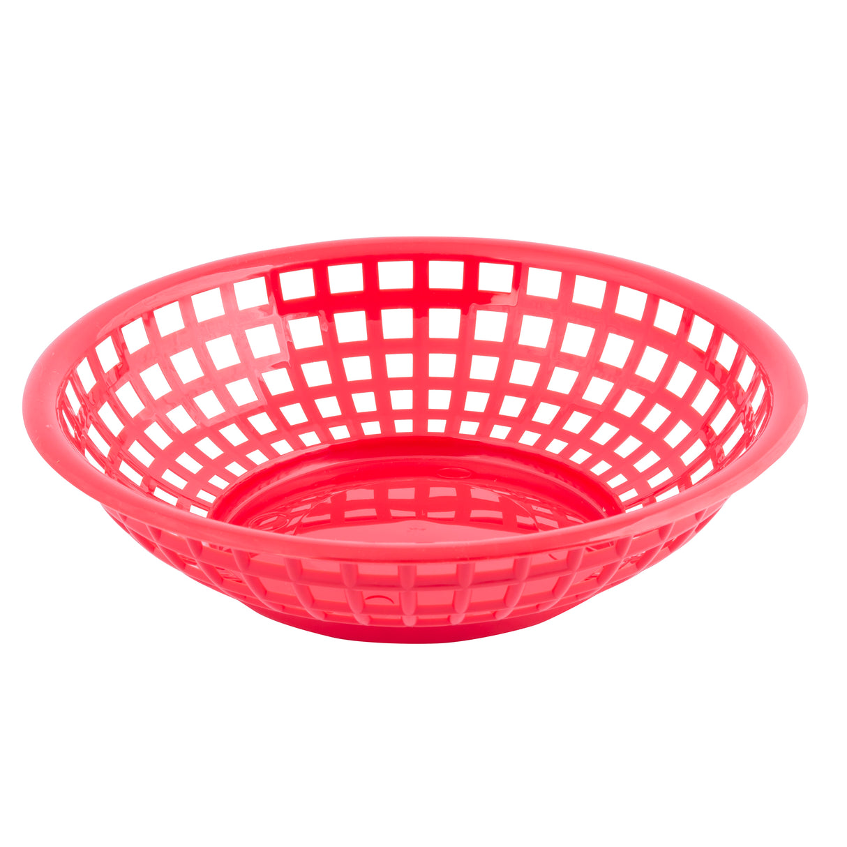 A bright red, round plastic Serving Basket with a grid-like, open-weave design. Made in USA, it features a flat bottom and flared sides—perfect for holding lightweight items like food or small objects. The background is plain white.