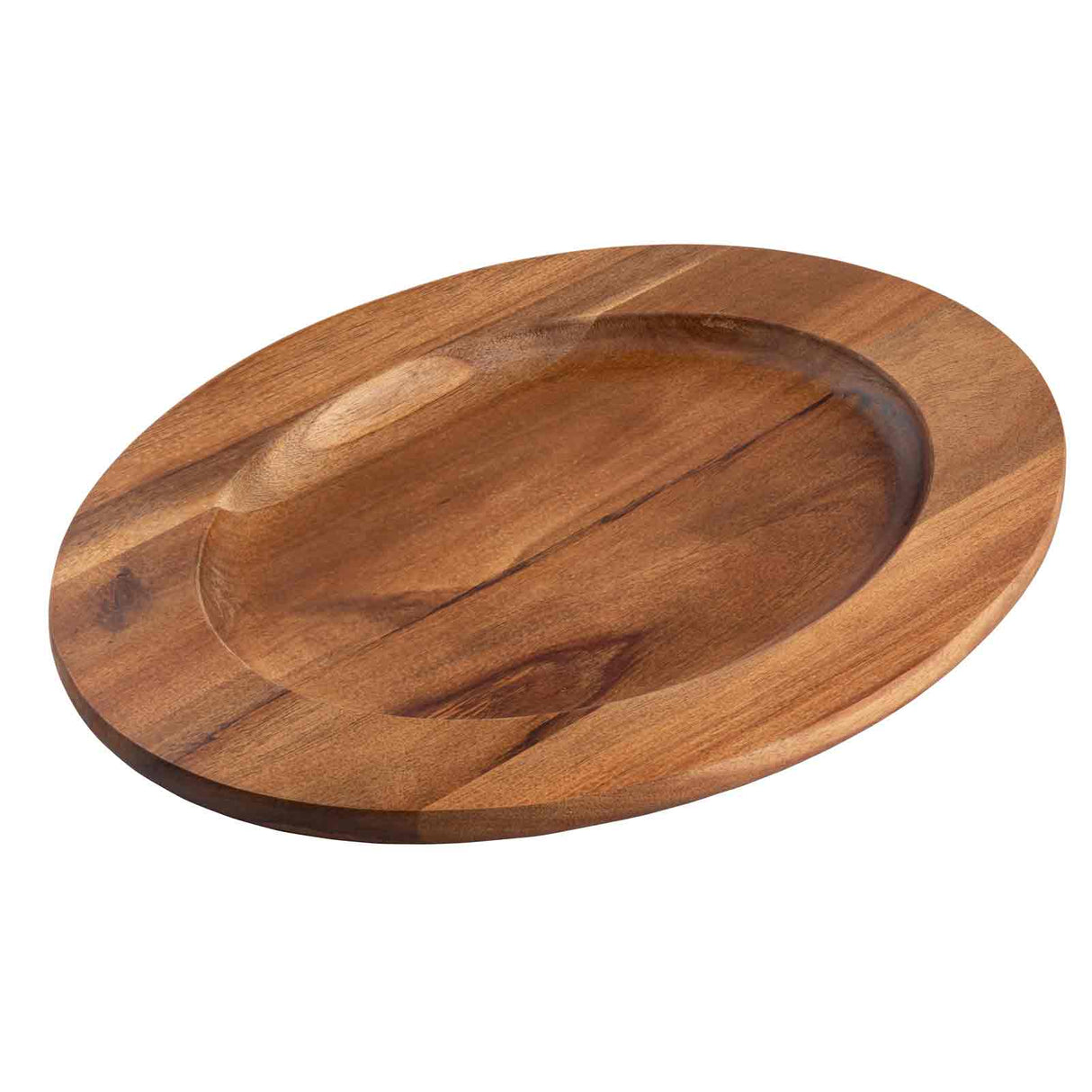 A round, shallow acacia wood plate with a smooth finish and prominent natural grain patterns, set against a white background. The plate features a slightly raised rim and recessed center, showcasing rich brown tones and subtle color variations.