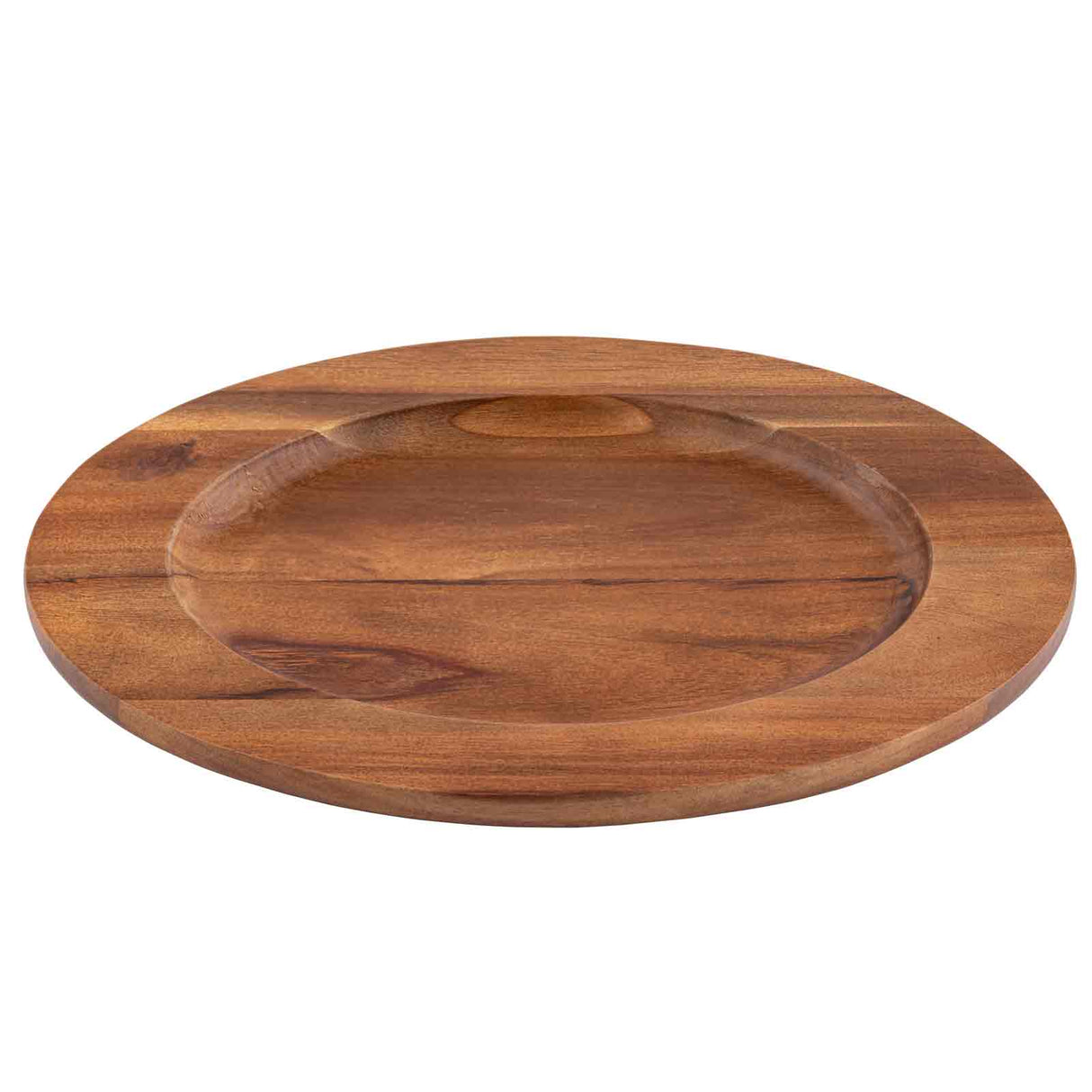 A round acacia wood plate with a shallow, wide bowl in the center. The smooth, polished finish highlights the natural grain and warm brown tones. The broad, flat rim frames the recessed area—perfect as an acacia underliner for serving.