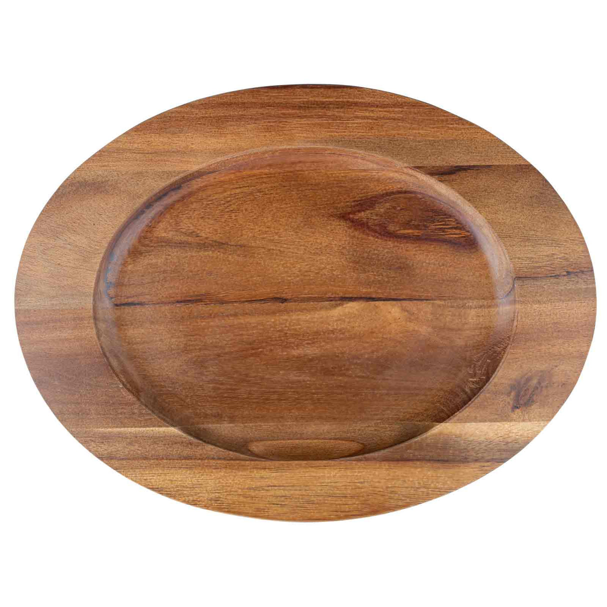 A round, shallow acacia wood plate with a smooth finish and visible natural grain patterns, viewed from above against a white background. The plate has a slightly raised rim and warm brown tones.