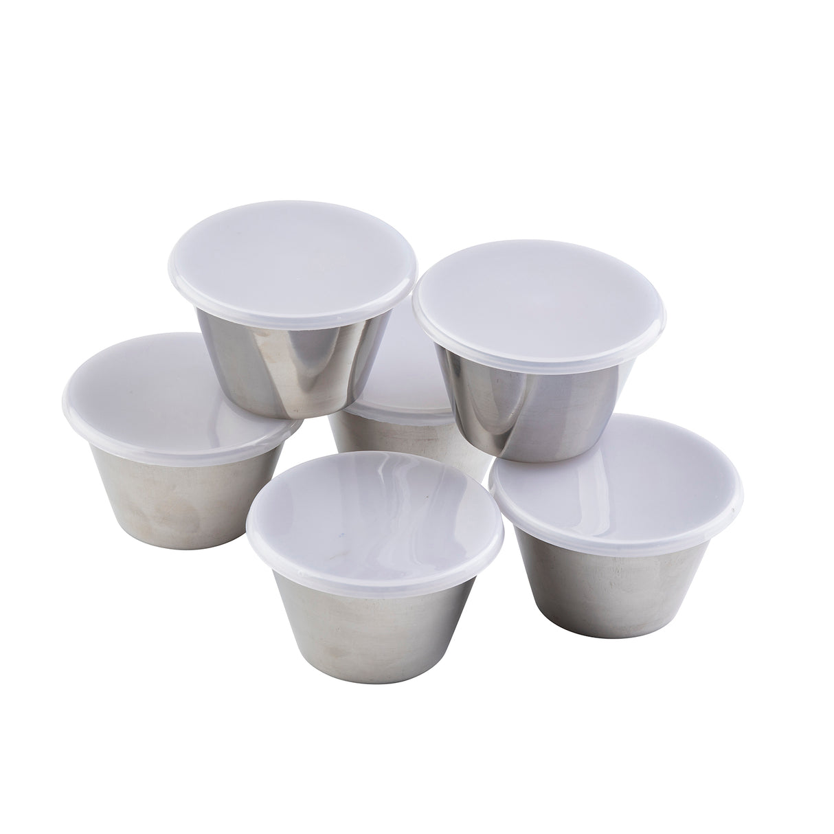 Six small, round stainless steel ramekins with white lids are stacked in a pyramid shape against a white background. The shiny metallic surfaces of each 3 oz ramekin contrast with the opaque, smooth lids.