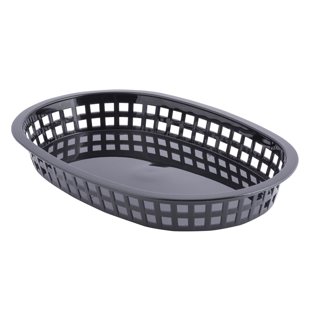 A black oval Chicago Platter Basket with an open lattice design on the sides and a solid flat base, this heat resistant platter basket is set against a white background.