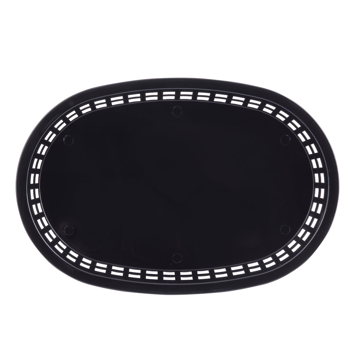 A black, oval-shaped Chicago Platter Basket with a solid center and a border of evenly spaced rectangular cutouts. This heat resistant platter basket features a smooth, glossy surface and a slightly raised rim. The background is plain and white.