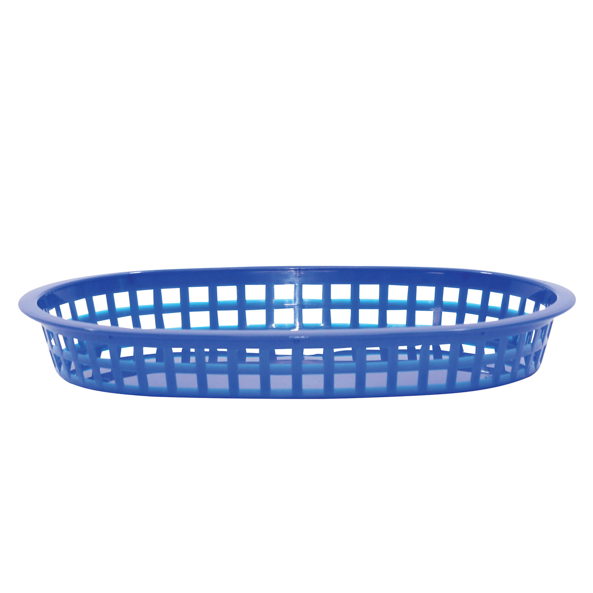 A shallow, oval-shaped Chicago Platter Basket made of blue plastic with a grid-like, open-weave pattern along the sides, photographed on a plain white background. Heat resistant and microwave safe for versatile use.