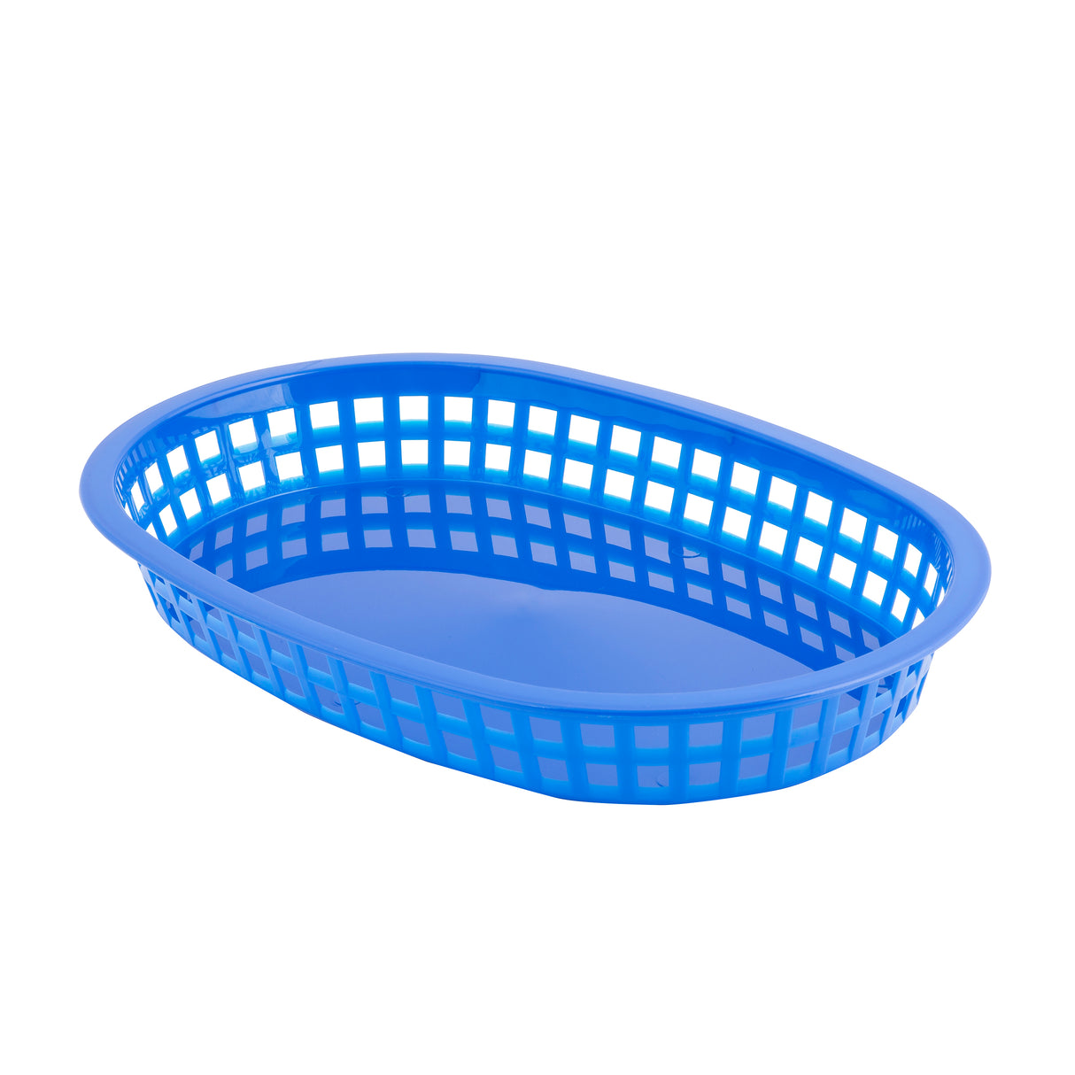 A blue, oval-shaped Chicago Platter Basket with an open grid design and a solid base, placed on a white background. Lightweight and dishwasher safe, this basket is perfect for serving or organizing small items.