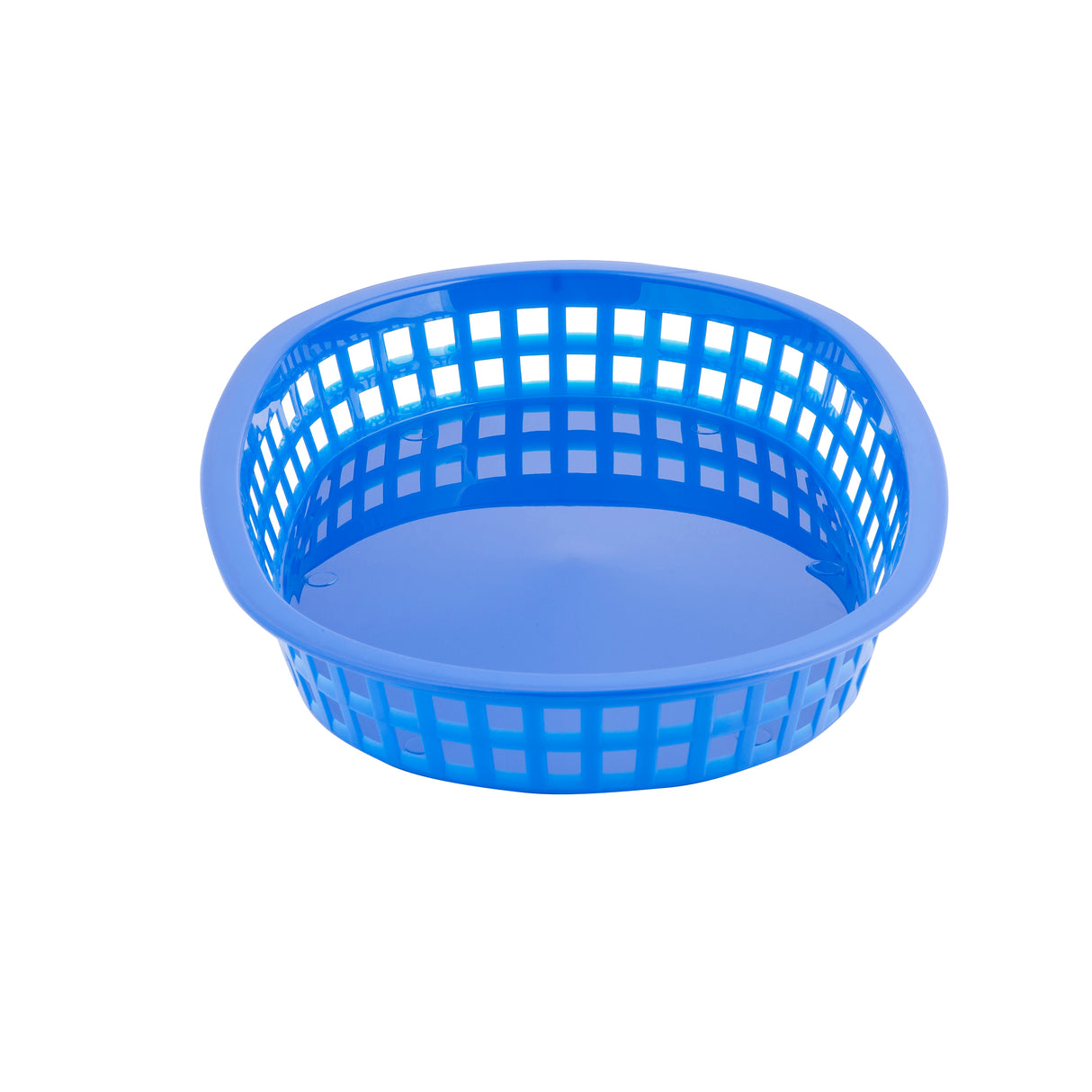 A blue, round plastic Chicago Platter Basket with open grid sides and a solid base, shown on a white background. This shallow, smooth-rimmed basket is dishwasher safe and ideal for storing or organizing small items.