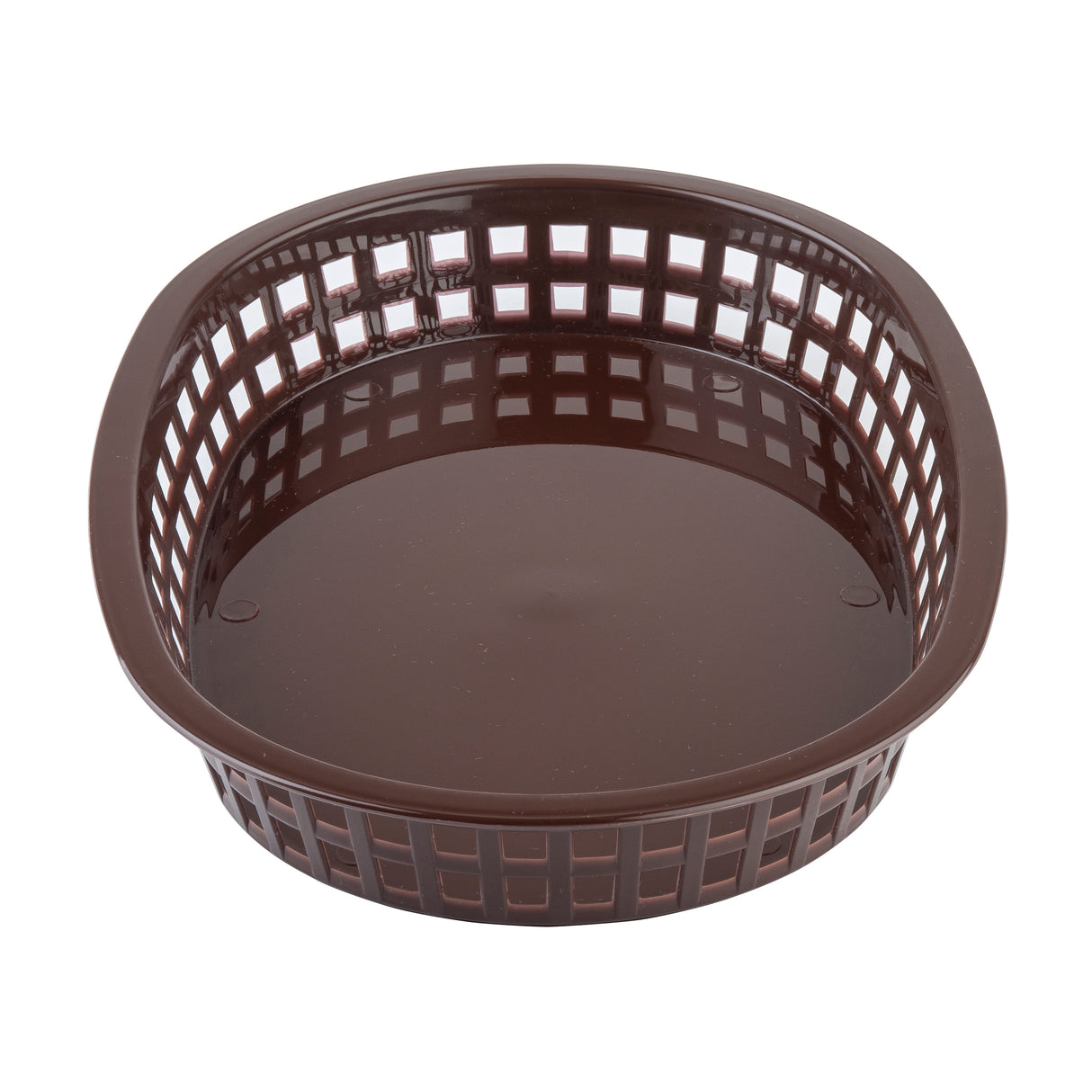 A round, shallow, brown plastic Chicago Platter Basket with a solid base and open grid-like sides, photographed on a white background.