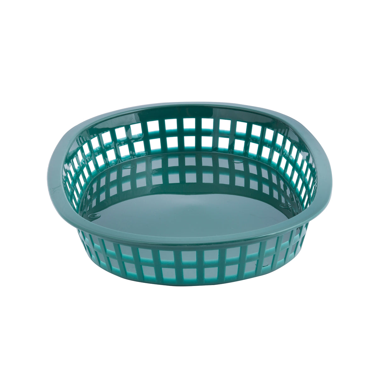 A round, teal plastic Chicago Platter Basket with an open grid design along the sides and a solid flat base, shown on a white background. This shallow, lightweight basket is dishwasher safe and perfect for holding small items or food.
