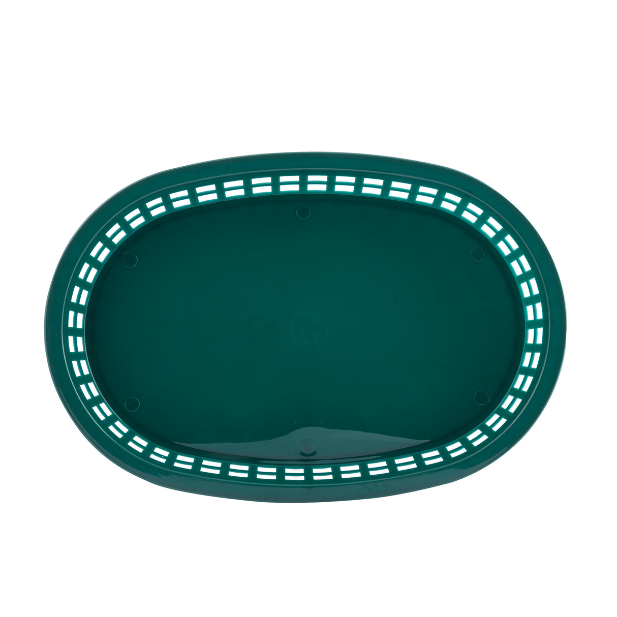 A top-down view of a green, oval-shaped Chicago Platter Basket with a solid base and rectangular cutout holes around the rim. This empty, dishwasher safe basket is photographed against a white background.