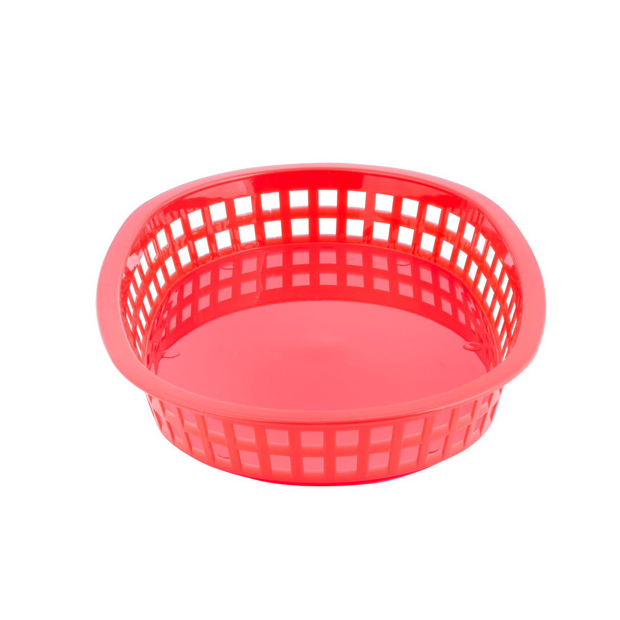 A bright red, round Chicago Platter Basket with an open lattice design and solid base sits on a white background. This heat resistant platter basket is empty and simple—perfect for serving fries or bread.