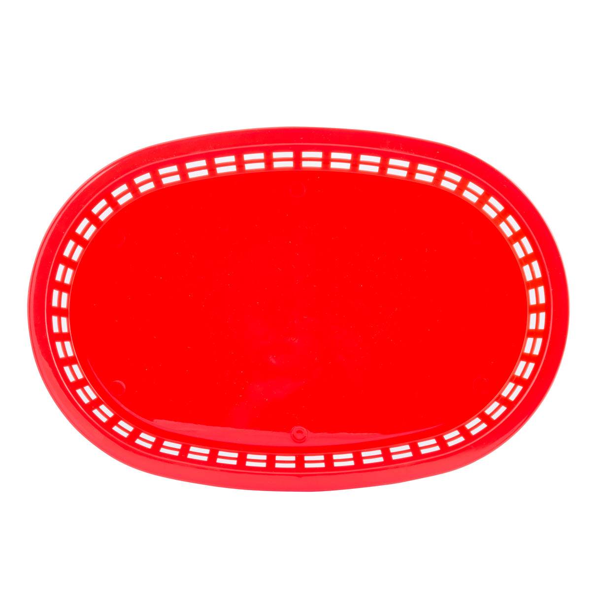 A bright red, oval-shaped Chicago Platter Basket with a solid base and rectangular cutouts around the rim, heat resistant and made in USA, photographed from above on a white background.