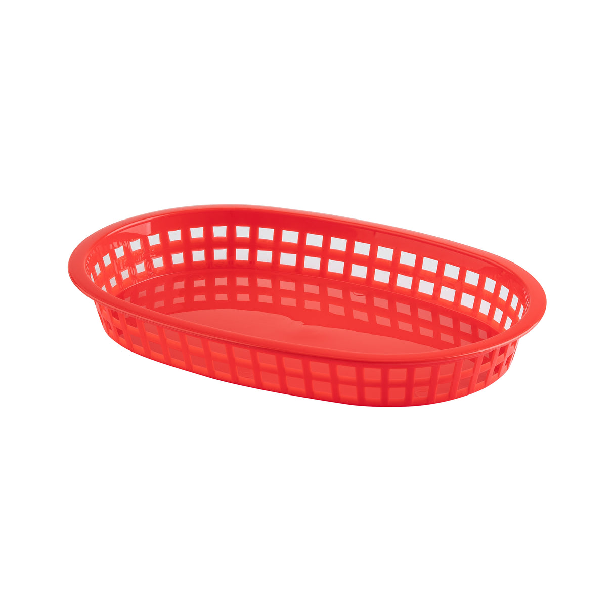 A red, oval-shaped Chicago Platter Basket with a grid-like, open-weave design around the sides. Heat resistant and made in USA, this plastic basket has a solid bottom and is empty, displayed against a plain white background.