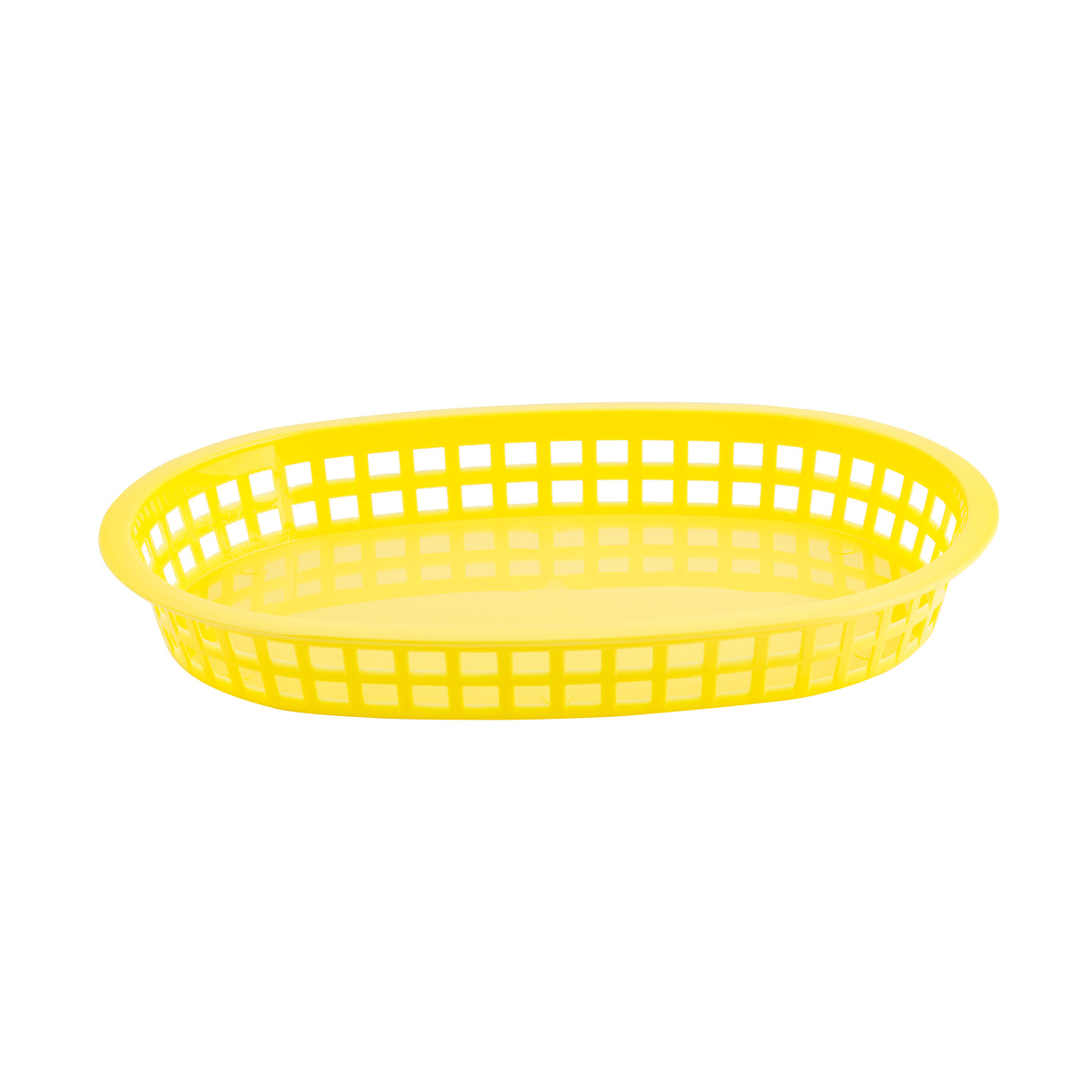 A bright yellow polypropylene basket, oval-shaped with a grid-like open weave along the sides. This Chicago Platter Basket features a smooth, solid base and is photographed against a plain white background.