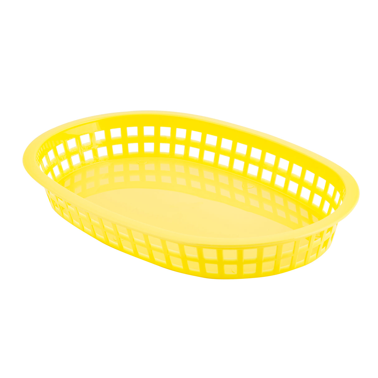 A yellow polypropylene Chicago Platter Basket with a solid base and open grid sides, shown on a white background. This lightweight, heat resistant platter basket is commonly used for serving fries or sandwiches in restaurants or diners.