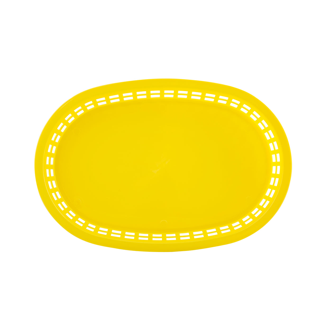 A bright yellow polypropylene basket, shown from above, features a solid base and small rectangular cut-out holes along the rim. This Chicago Platter Basket has a smooth, shiny surface and is empty, ideal for serving food in a heat resistant platter basket style.