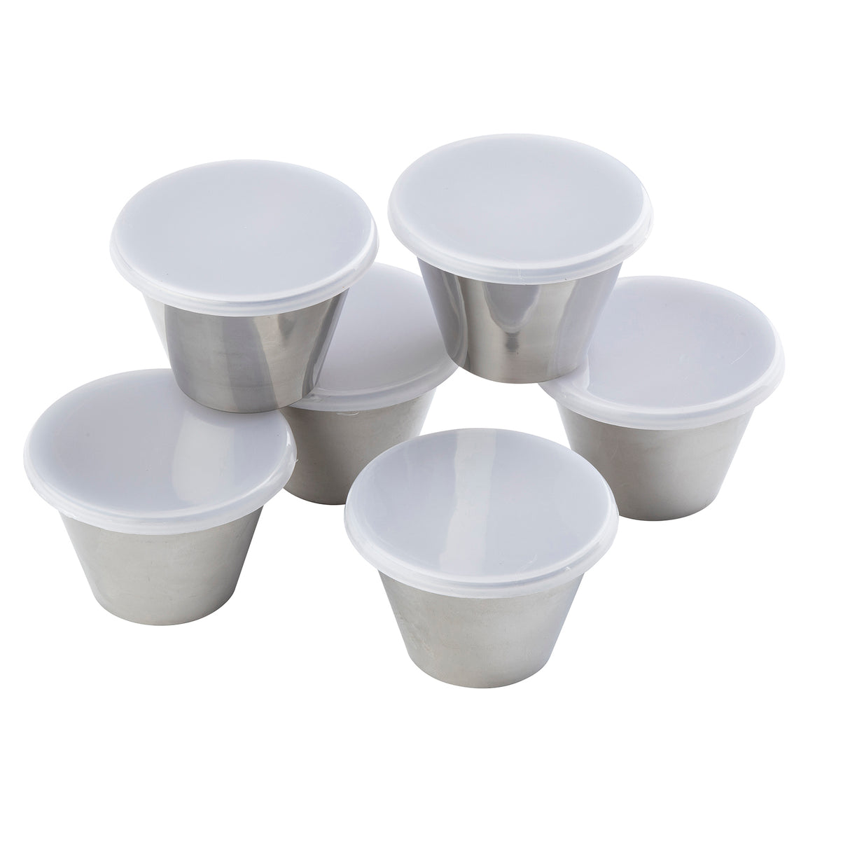 Six small 5 oz stainless steel ramekin containers with white plastic lids are arranged in a group on a white background, featuring smooth, reflective surfaces and tightly sealed tops.