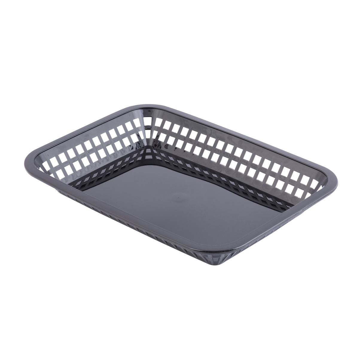 A black, rectangular microwave safe basket with open grid sides and a solid bottom, photographed on a white background. The Grande Platter Basket has slightly rounded corners and is empty.
