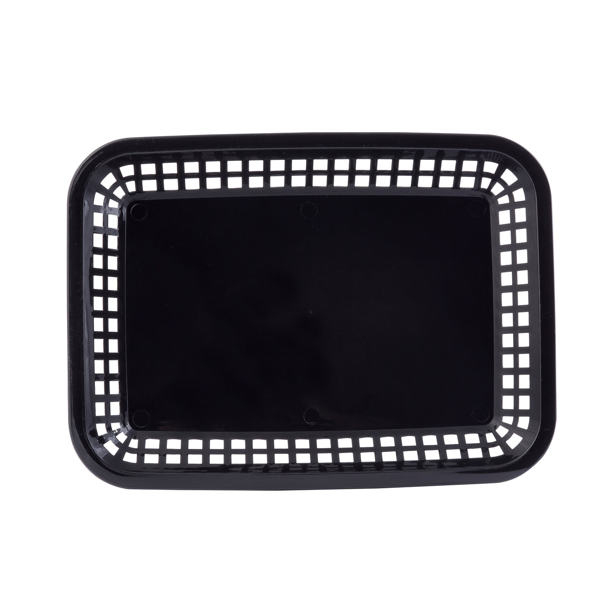 Rectangular black plastic Grande Platter Basket with a solid flat base and open grid lattice sides. This empty, microwave safe basket is photographed from above against a white background.